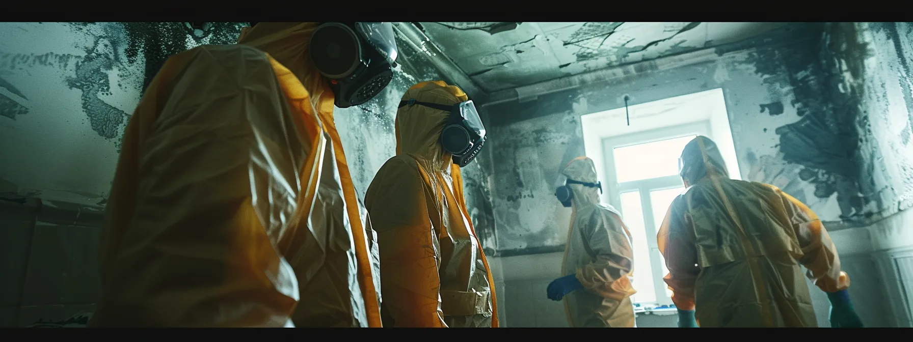 a crew of professionals in hazmat suits diligently removing mold from a residential basement.