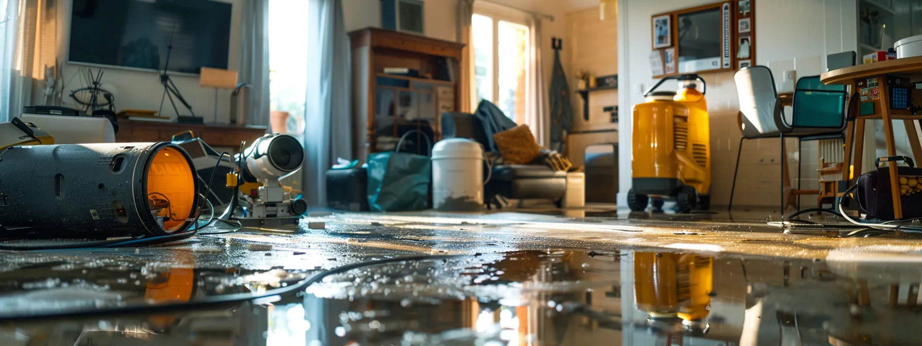 a team of diligent workers using industrial-grade equipment to clean up a water-damaged living room, with powerful dehumidifiers and pumps in action.