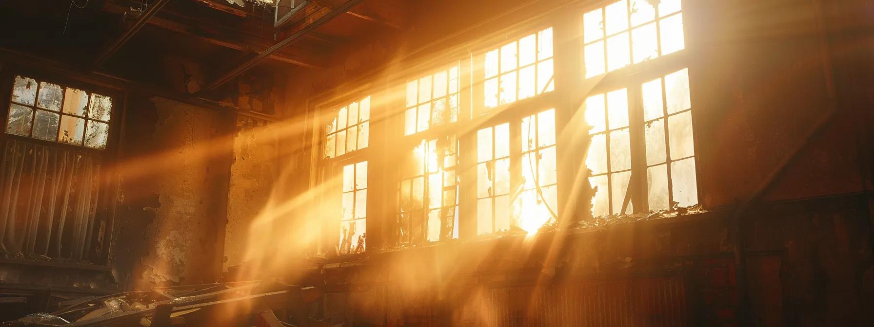 a dynamic scene of a professional restoration team diligently cleaning a soot-stained room after fire damage, with bright sunlight streaming through the windows, highlighting the contrast between the darkened area and the invigoratingly vibrant beams of light.