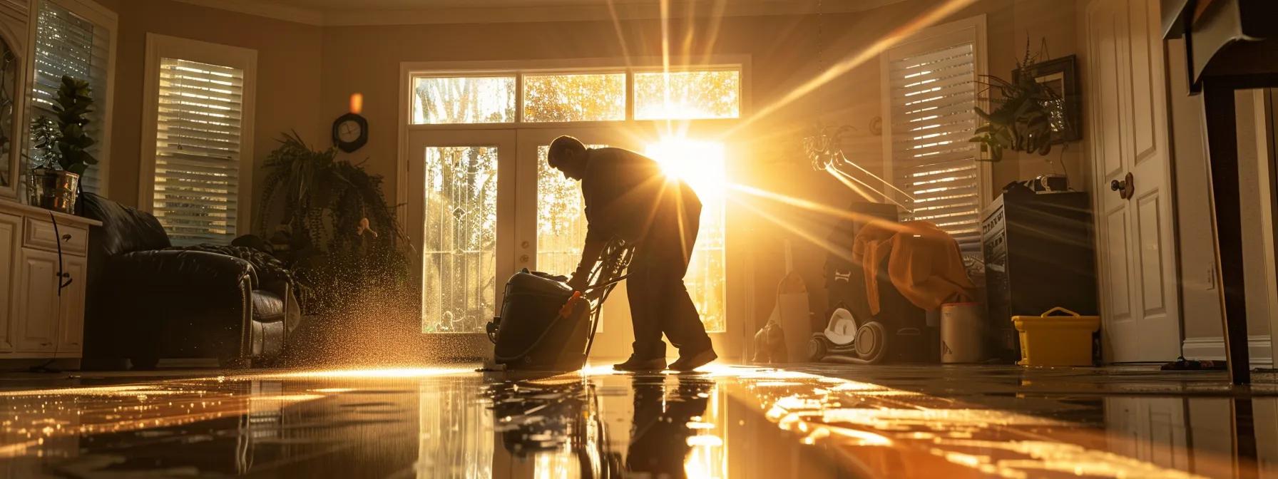 a professional water damage restoration technician skillfully operates advanced drying equipment in a sunlit, pristine interior, highlighting the effective recovery process after a flood.