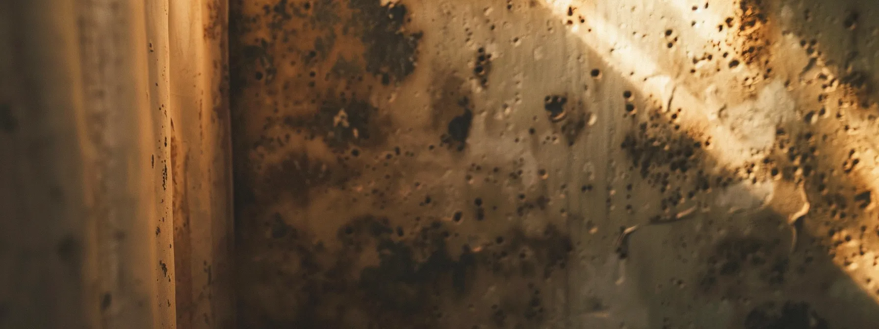 a close-up of black mold creeping up the walls of a dimly lit room in a salt lake city home, symbolizing the unseen health risks lurking in the shadows.