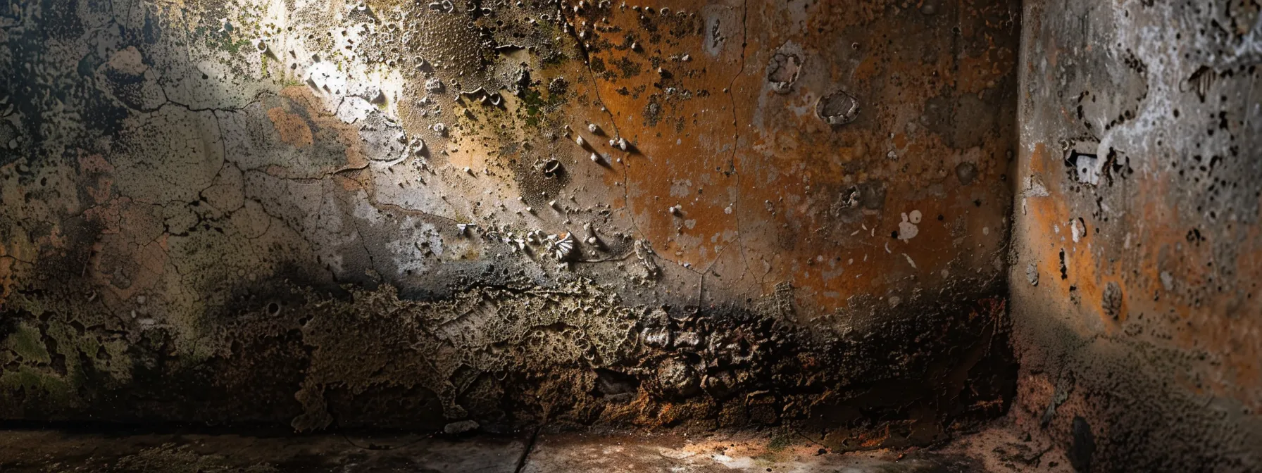 a dark, damp corner of a room with mold visibly creeping up the walls, emitting a musty smell.