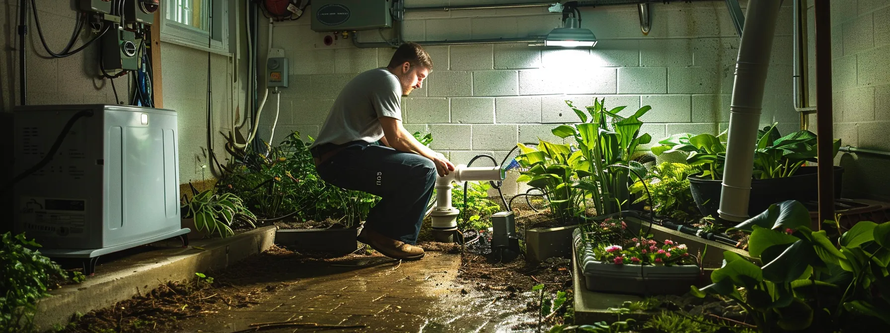 a homeowner inspecting a sump pump in a well-lit basement, surrounded by vibrant green plants and clear pipes to prevent future water damage incidents.