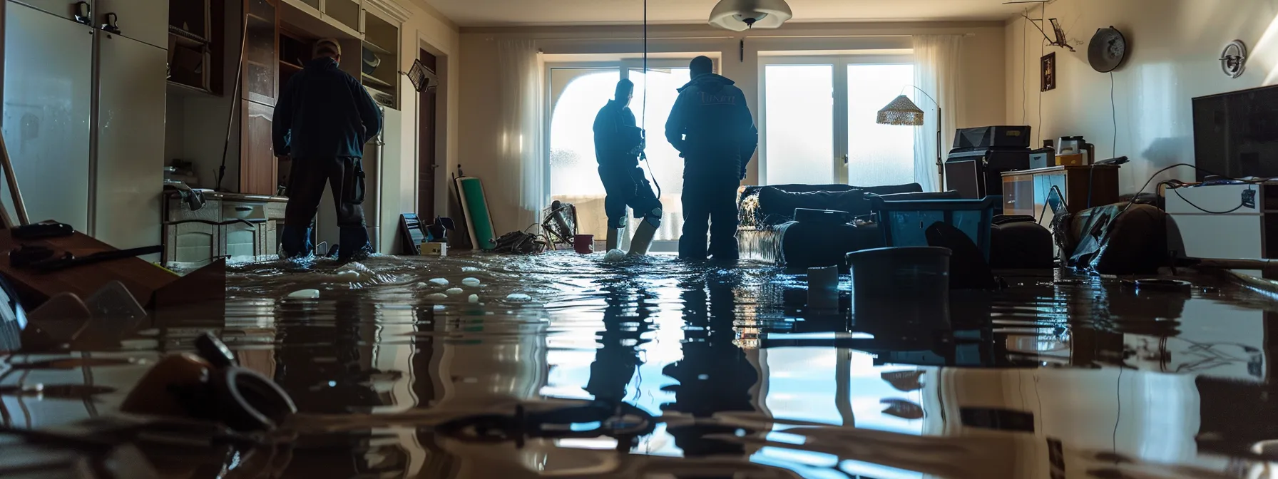 a professional flood restoration team in action, equipped with advanced equipment and working diligently to restore a water-damaged home.