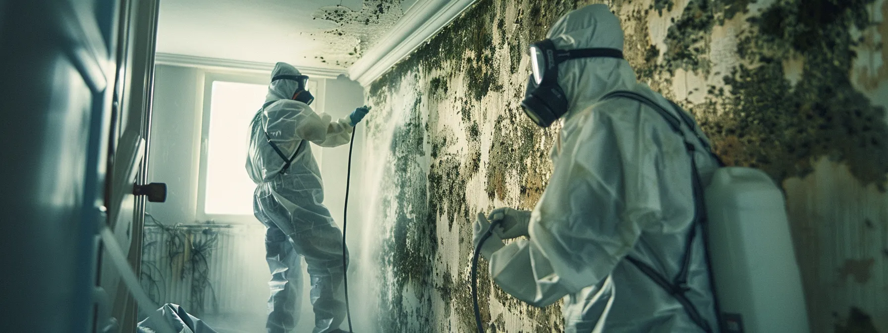 a professional mold removal team using advanced tools and precision cleaners to eradicate mold in a home environment.