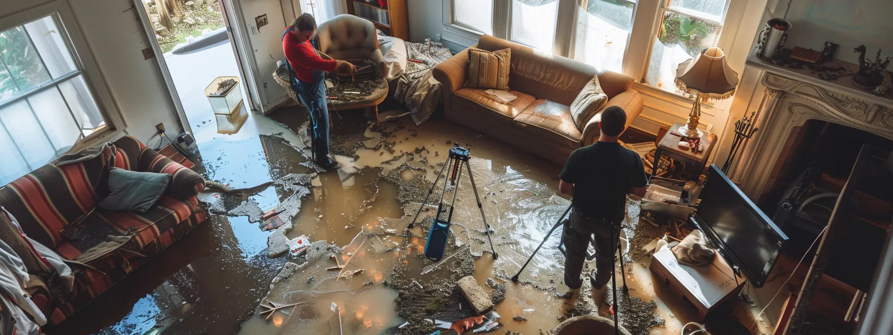 a professional restoration team assessing water damage in a home, using advanced tools and equipment to determine the extent of the destruction.