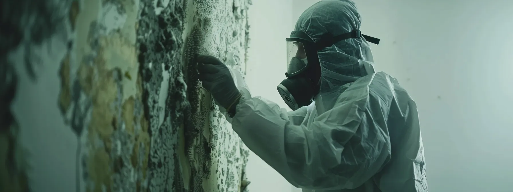 a professional technician in protective gear using advanced equipment to remove mold from a wall, revealing a clean and pristine surface underneath.