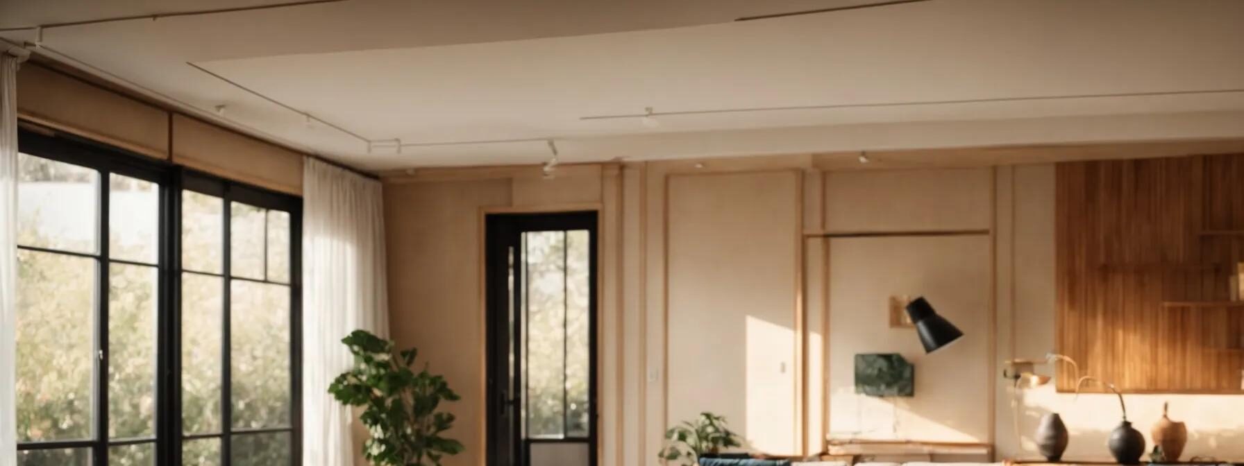 a serene living room bathed in warm, golden light, showcasing a beautifully restored space where water-damaged walls transition seamlessly into vibrant, revitalized decor, symbolizing the harmony of fire and water restoration.