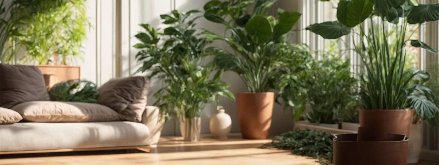 a serene, sunlit room showcasing vibrant green plants and clean, dry surfaces, illustrating the transformative power of eco-friendly restoration services for tackling mold and water damage effectively.