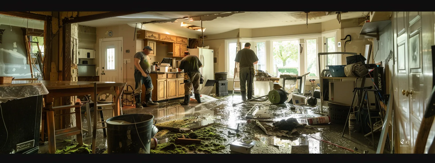 a team of certified professionals meticulously restoring a water-damaged home with high-quality materials and equipment, ensuring every detail is carefully attended to.