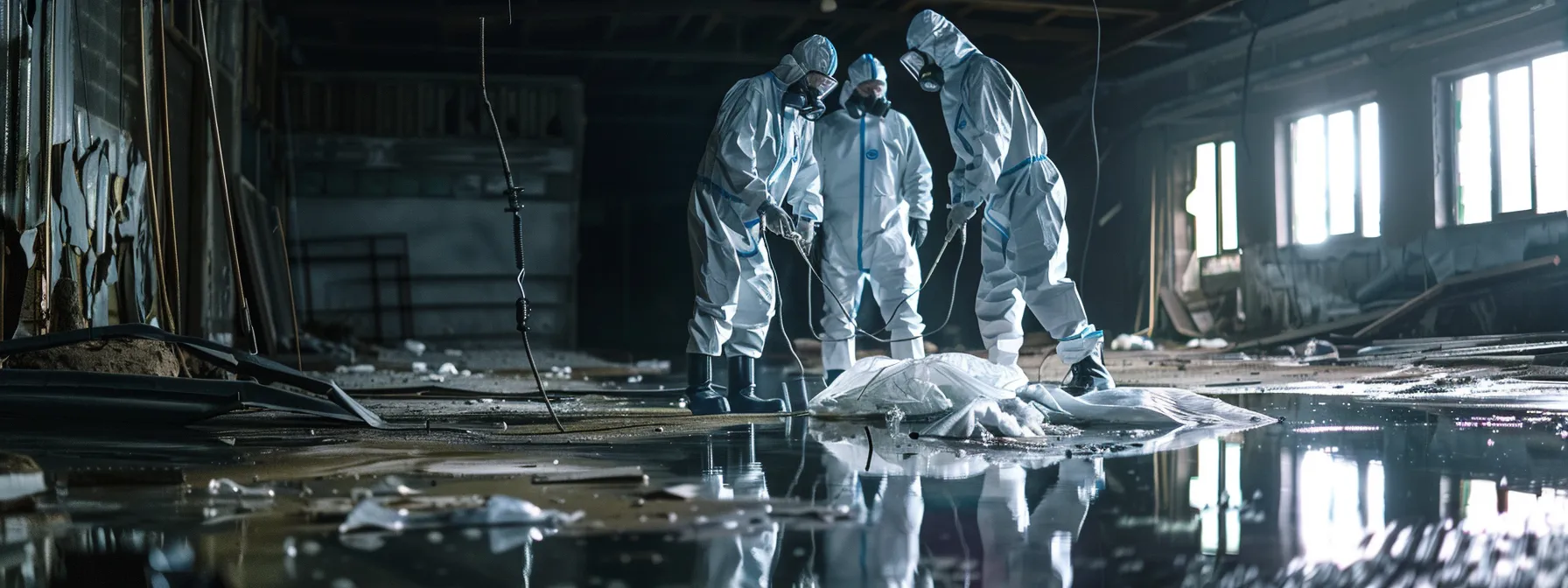 a team of certified specialists in protective gear conducting a thorough inspection in a water-damaged building.