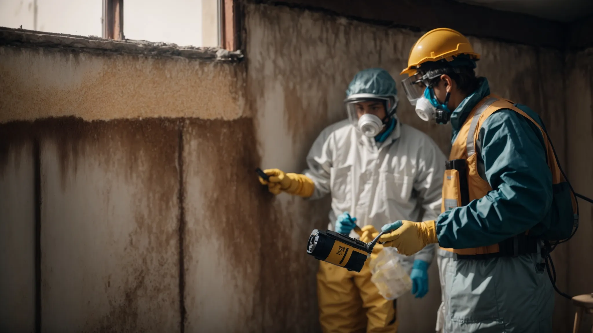 a team of local mold remediation experts carefully inspecting a mold-infested wall, using precise tools and techniques to ensure a thorough restoration.