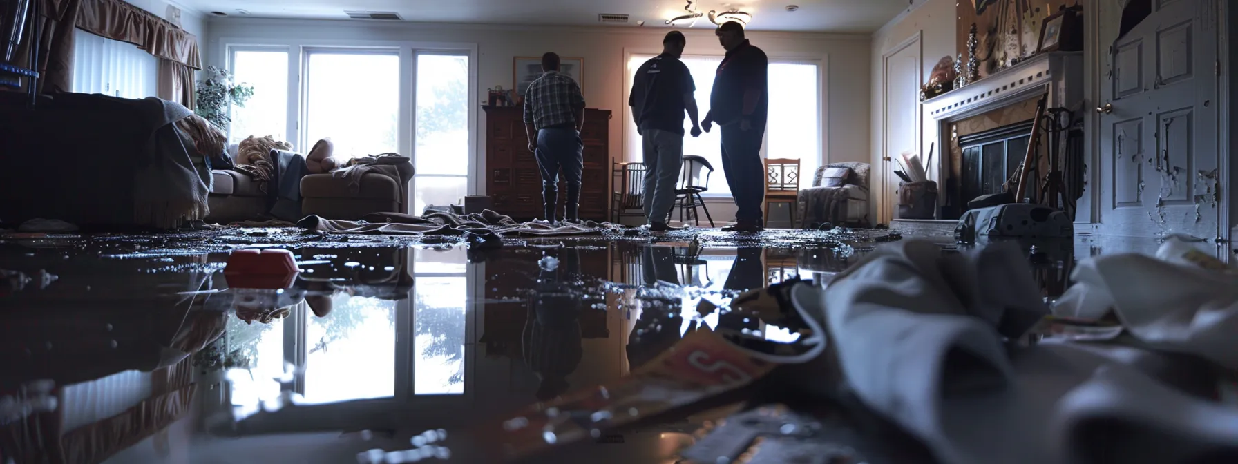 a team of professionals carefully assessing water-damaged property, surrounded by equipment and tools for restoration.