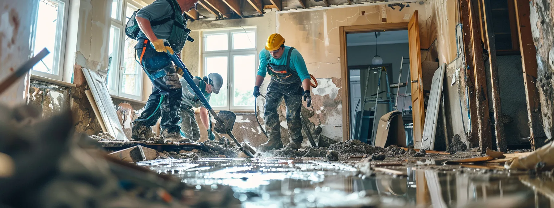 a team of professionals in action, meticulously restoring a water-damaged home with skill and care.