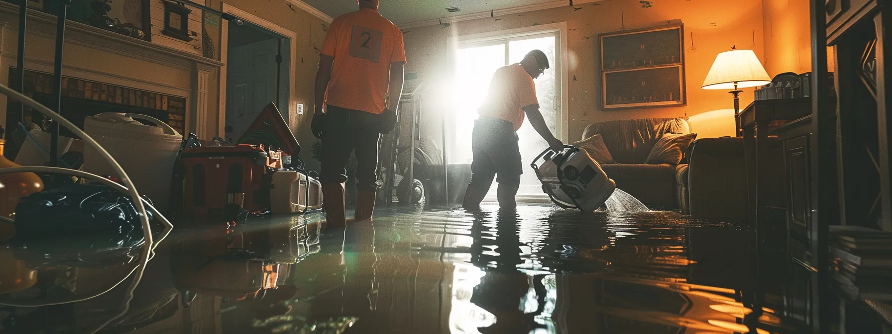 a team of professionals utilizing powerful equipment to extract water and restore a flooded home to its original condition.