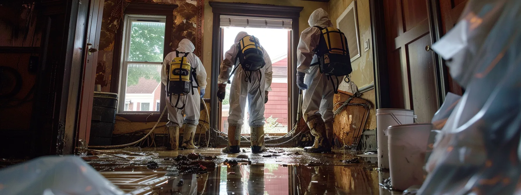 a team of restoration experts in protective gear working tirelessly to clean up flood-damaged homes.