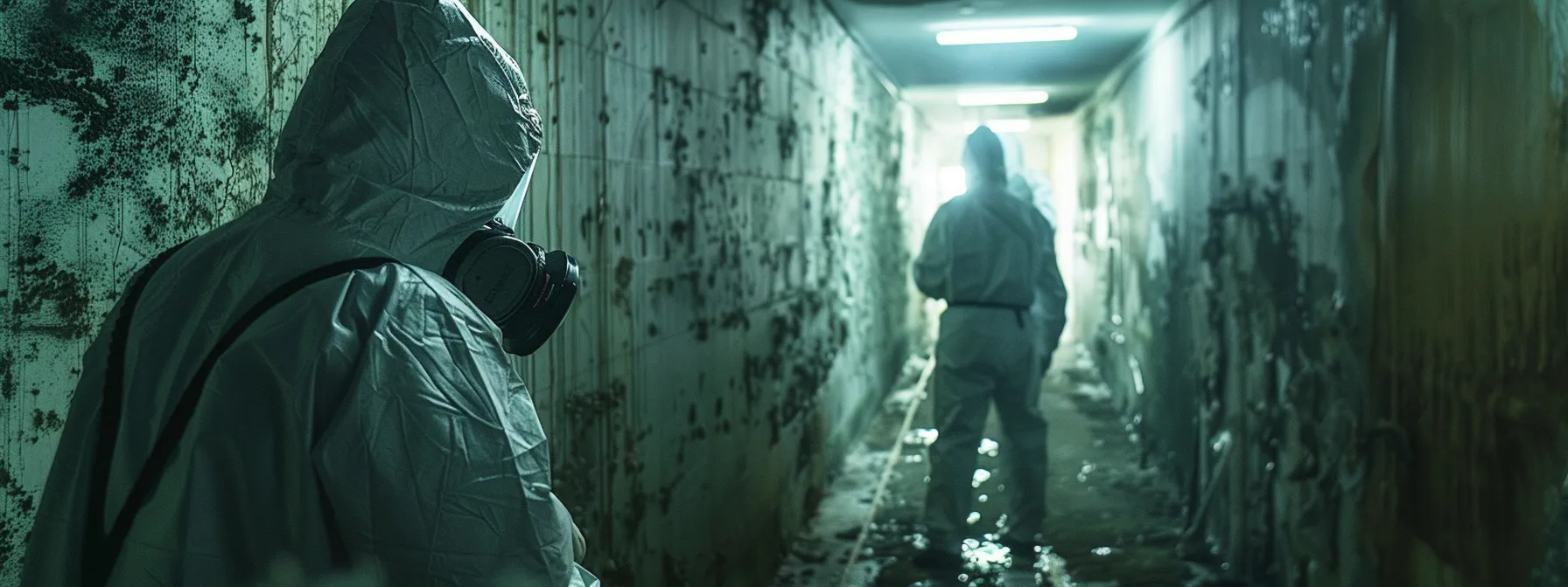 a team of specialists in hazmat suits using industrial-grade equipment to remove black mold from a damp, neglected basement.