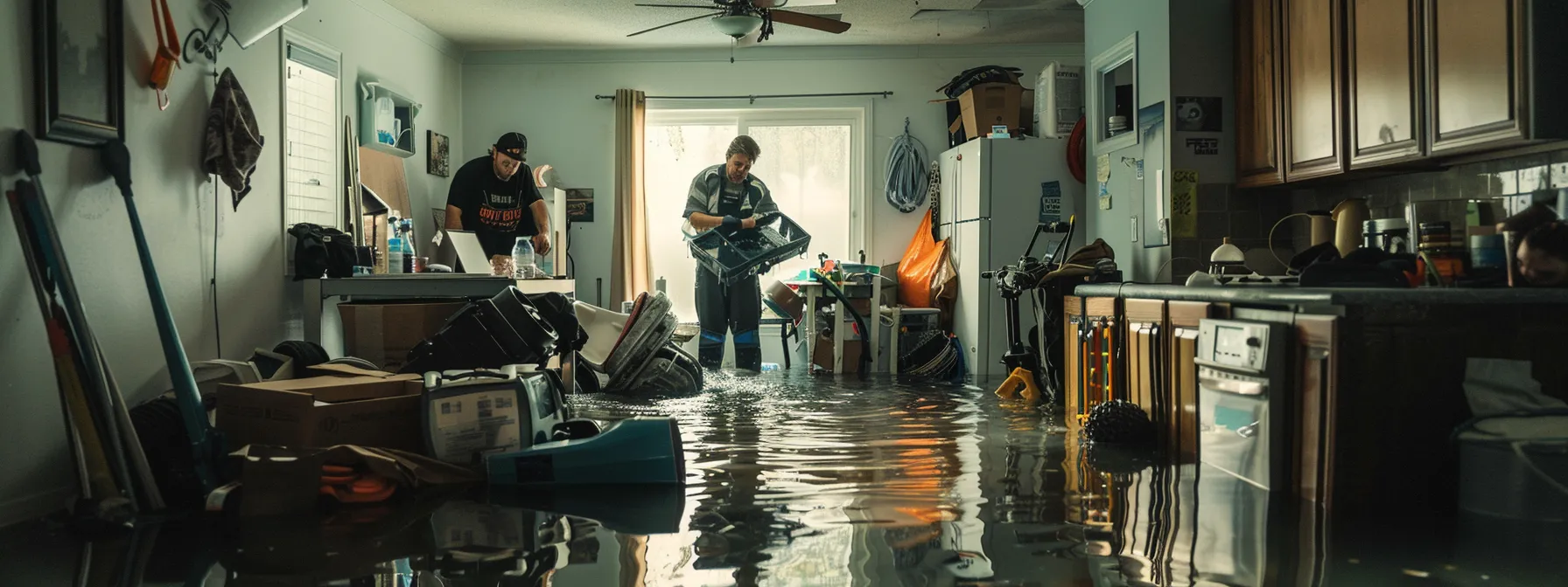 a team of technicians methodically removing water and salvaging possessions from a flooded home, surrounded by advanced drying equipment and focused on restoring safety and order.