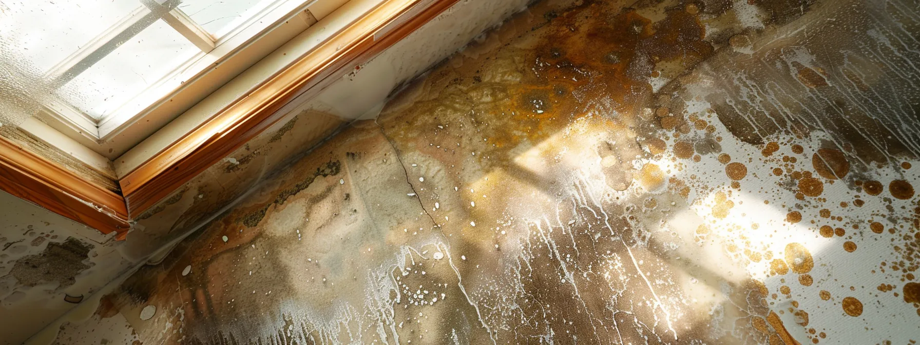 a water-stained ceiling with warped walls and a musty smell, indicating the effects of water damage on a home.